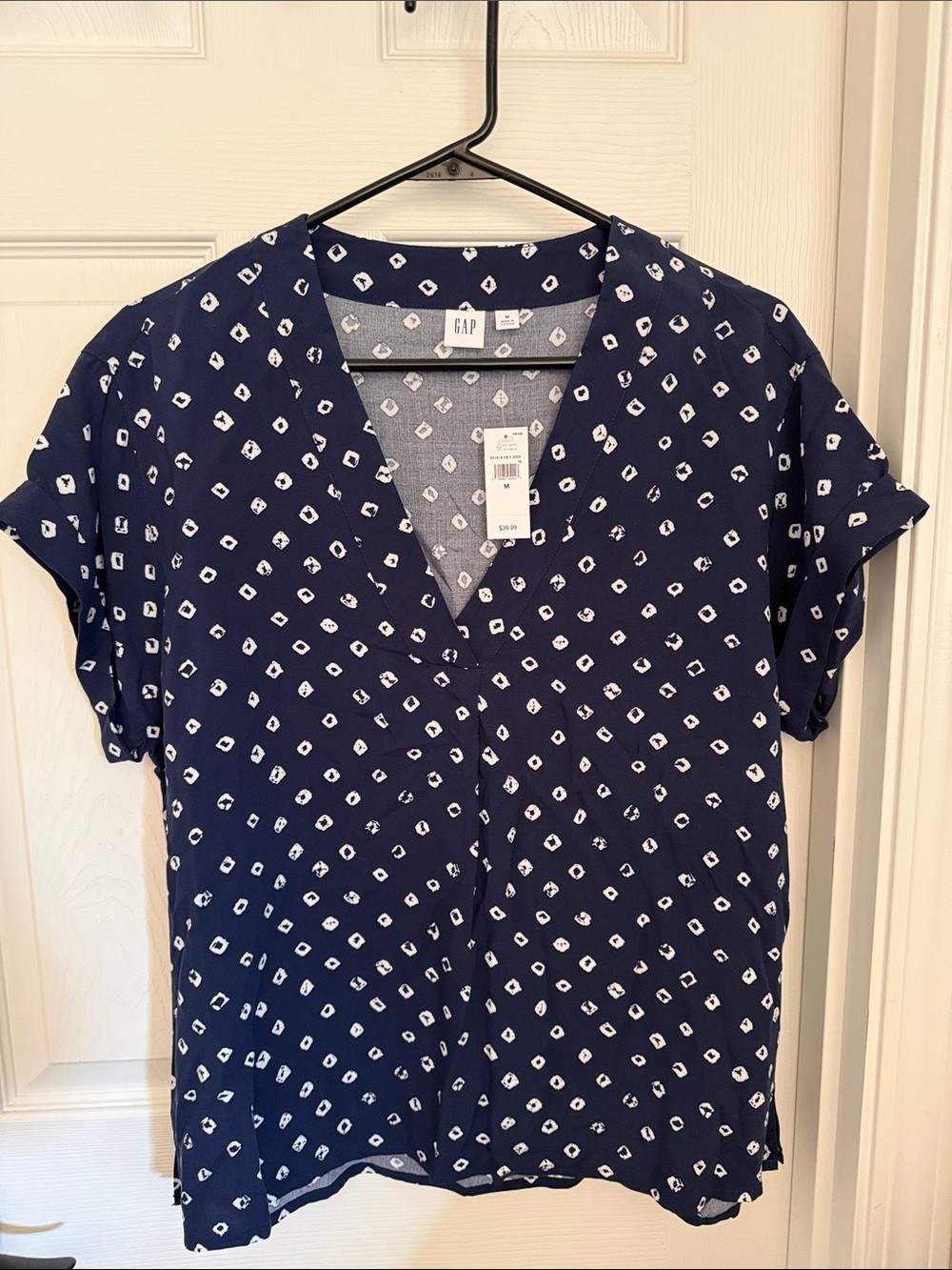 GAP Navy Short Sleeve V-Neck Printed Blouse